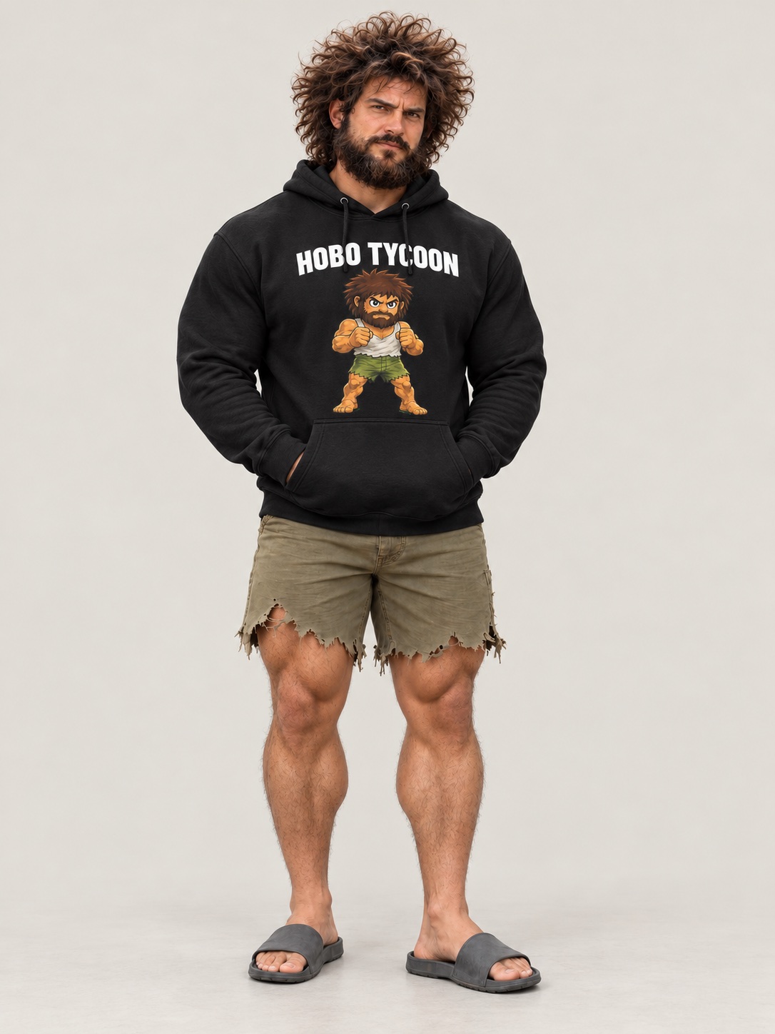 Oliver in the hoodie, torn green shorts and grey slides