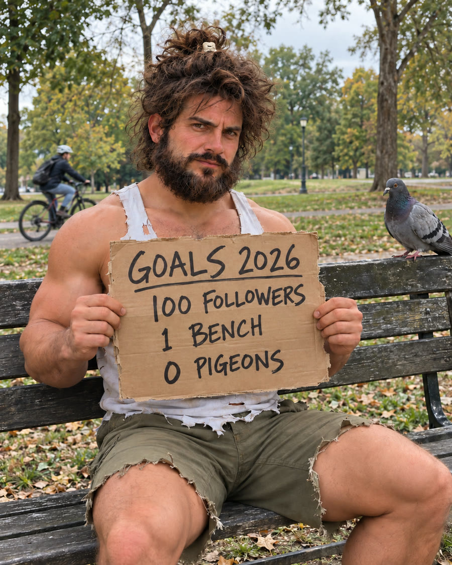 Oliver holding a cardboard sign: Goals 2026, 100 followers, 1 bench, 0 pigeons