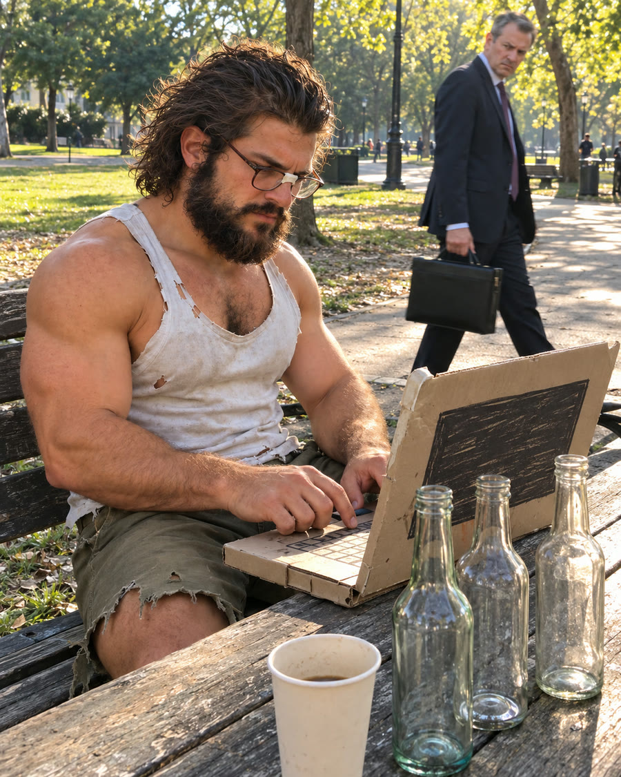 Oliver typing on a cardboard laptop on a park bench