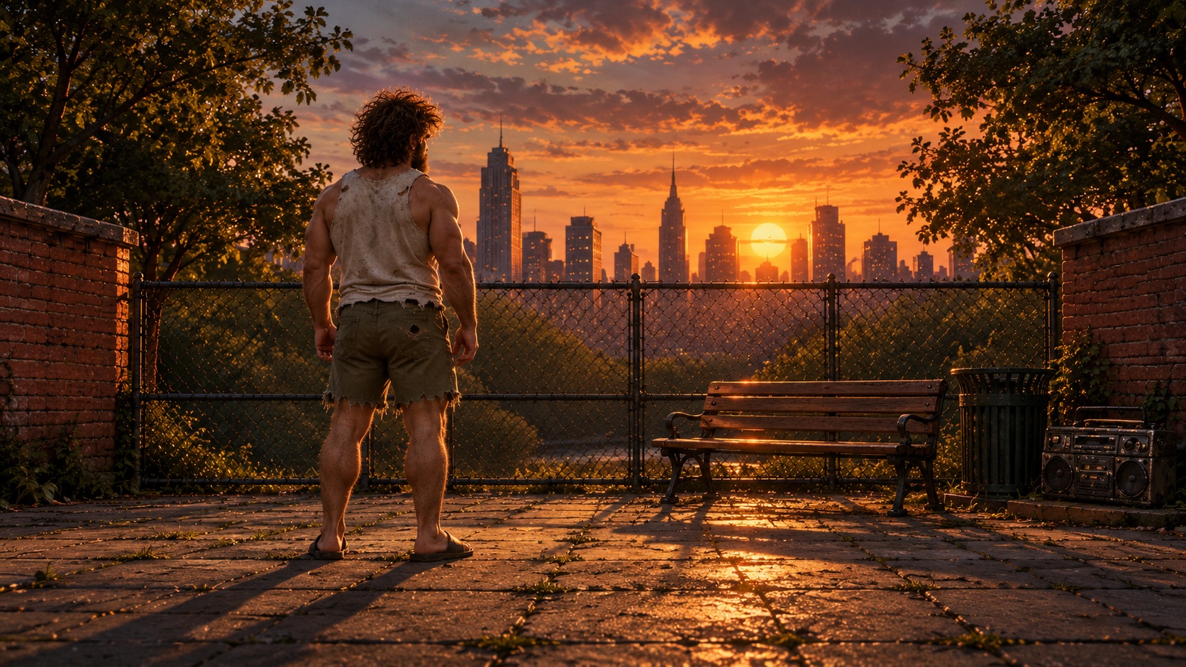 Oliver standing in a public park at sunset, a bench, a trash can and a chain-link fence in front of the skyline